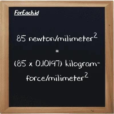 How to convert newton/milimeter<sup>2</sup> to kilogram-force/milimeter<sup>2</sup>: 85 newton/milimeter<sup>2</sup> (N/mm<sup>2</sup>) is equivalent to 85 times 0.10197 kilogram-force/milimeter<sup>2</sup> (kgf/mm<sup>2</sup>)